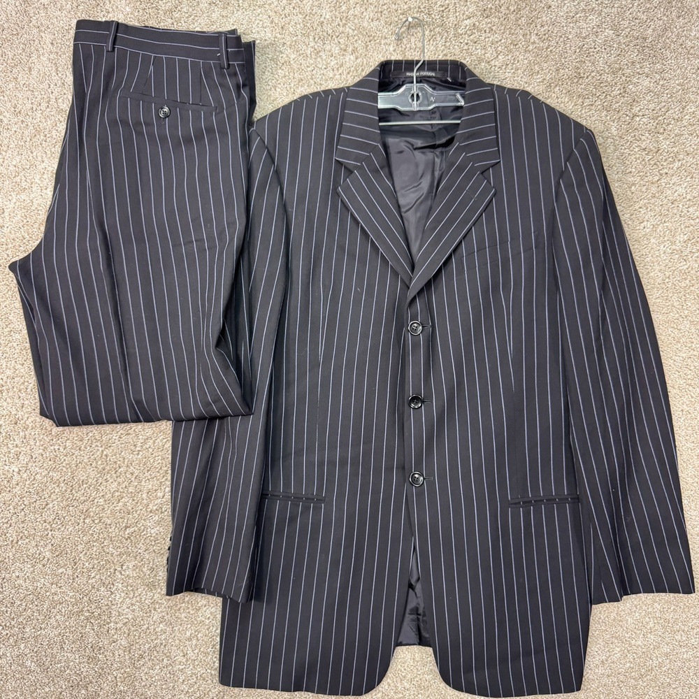 Armani Collezioni Suit Mens 44L Wool Pinstripe Black 3-Button EUC Neiman Marcus